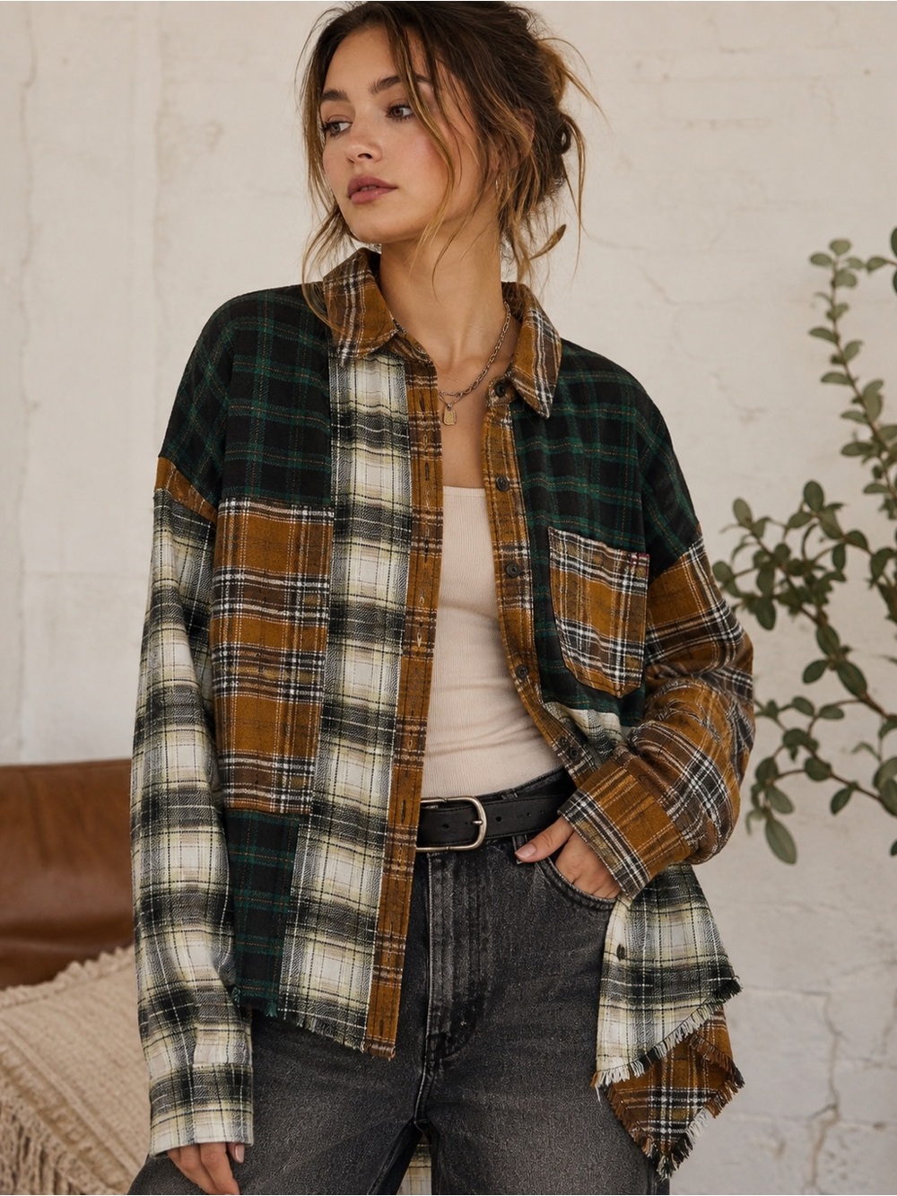 BDG Urban Outfitters XS Patchwork Plaid Flannel Shirt Raw Hem Grunge